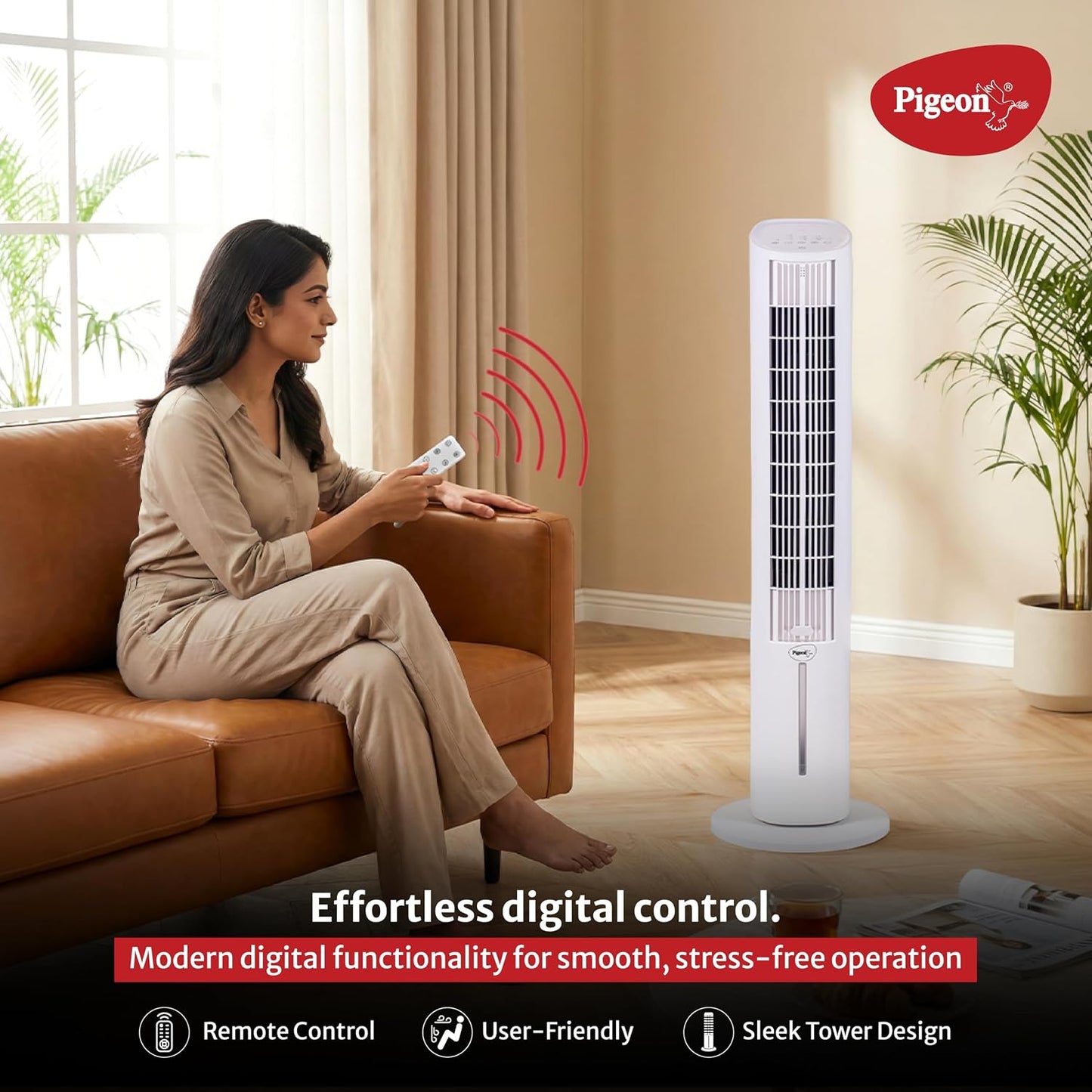 Pigeon High Performance Tower Fan with Digital Control panel and remote, 3 speed settings