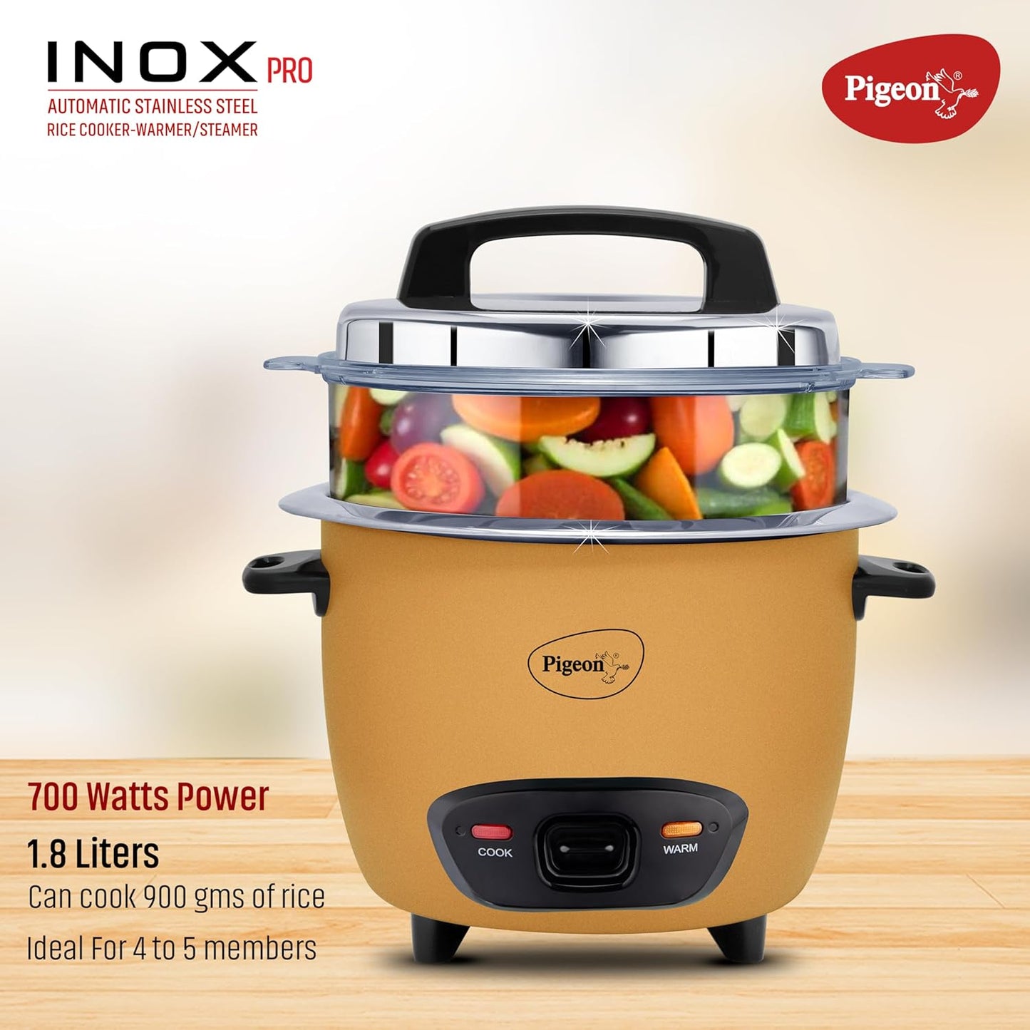 Inox Pro Rice Cooker with Steamer, 1.8 litres | Stainless Steel Lid | 700 Watts | 1 Steel Cooking Pot