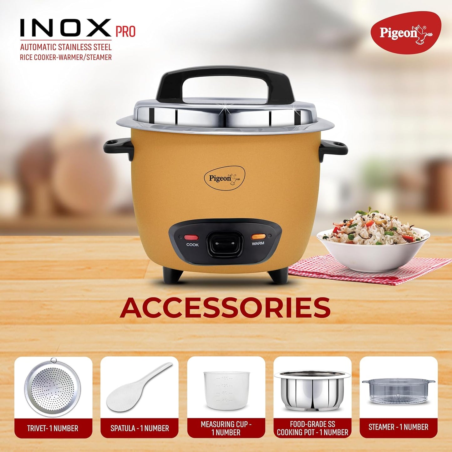 Inox Pro Rice Cooker with Steamer, 1.8 litres | Stainless Steel Lid | 700 Watts | 1 Steel Cooking Pot