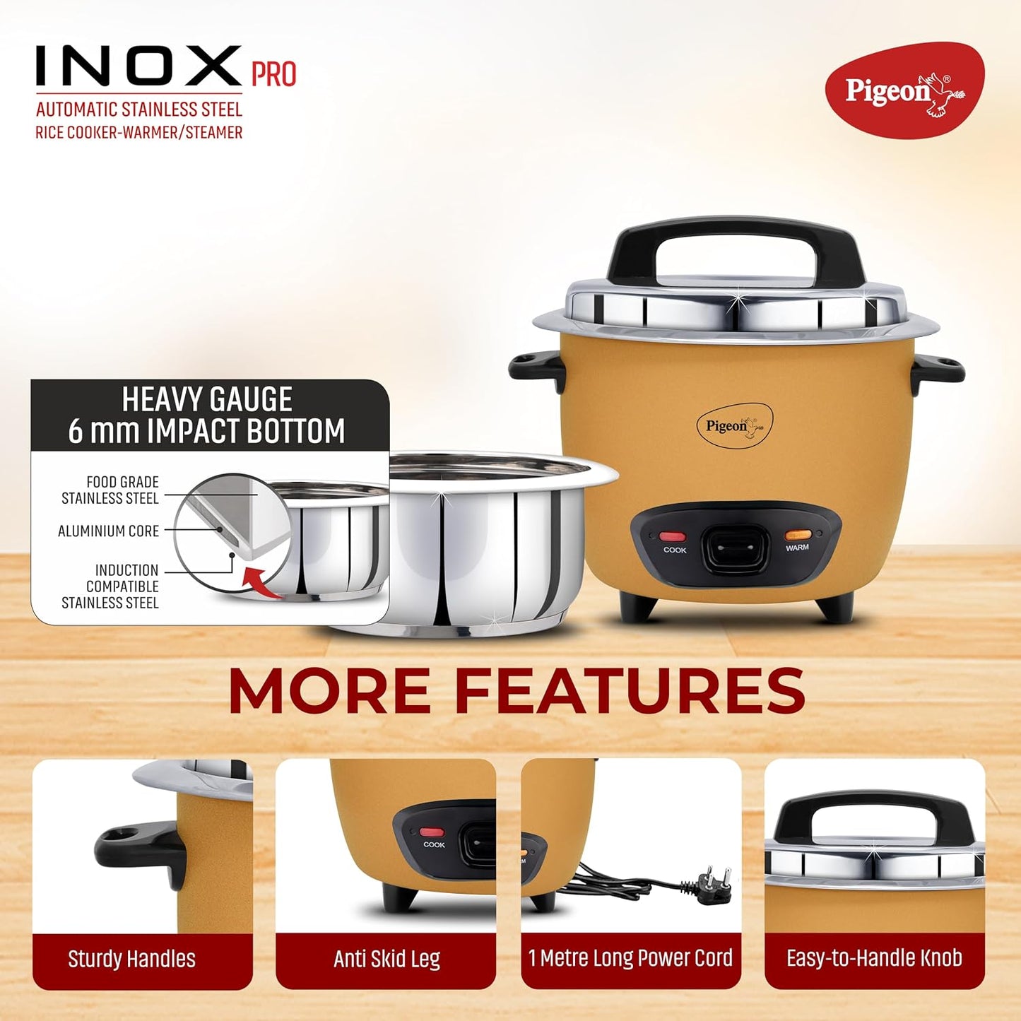 Inox Pro Rice Cooker with Steamer, 1.8 litres | Stainless Steel Lid | 700 Watts | 1 Steel Cooking Pot