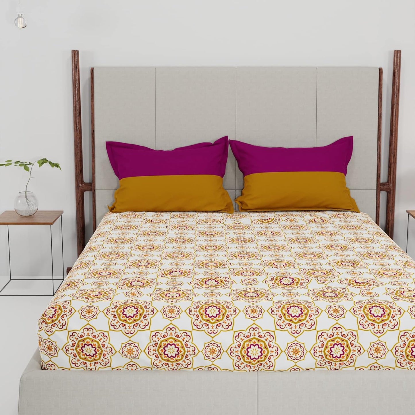 Trident Feather tales  MAJESTIC MANDALA YELLOW 144 TC Cotton Double Bed Bedsheet With 2 Pillow Covers