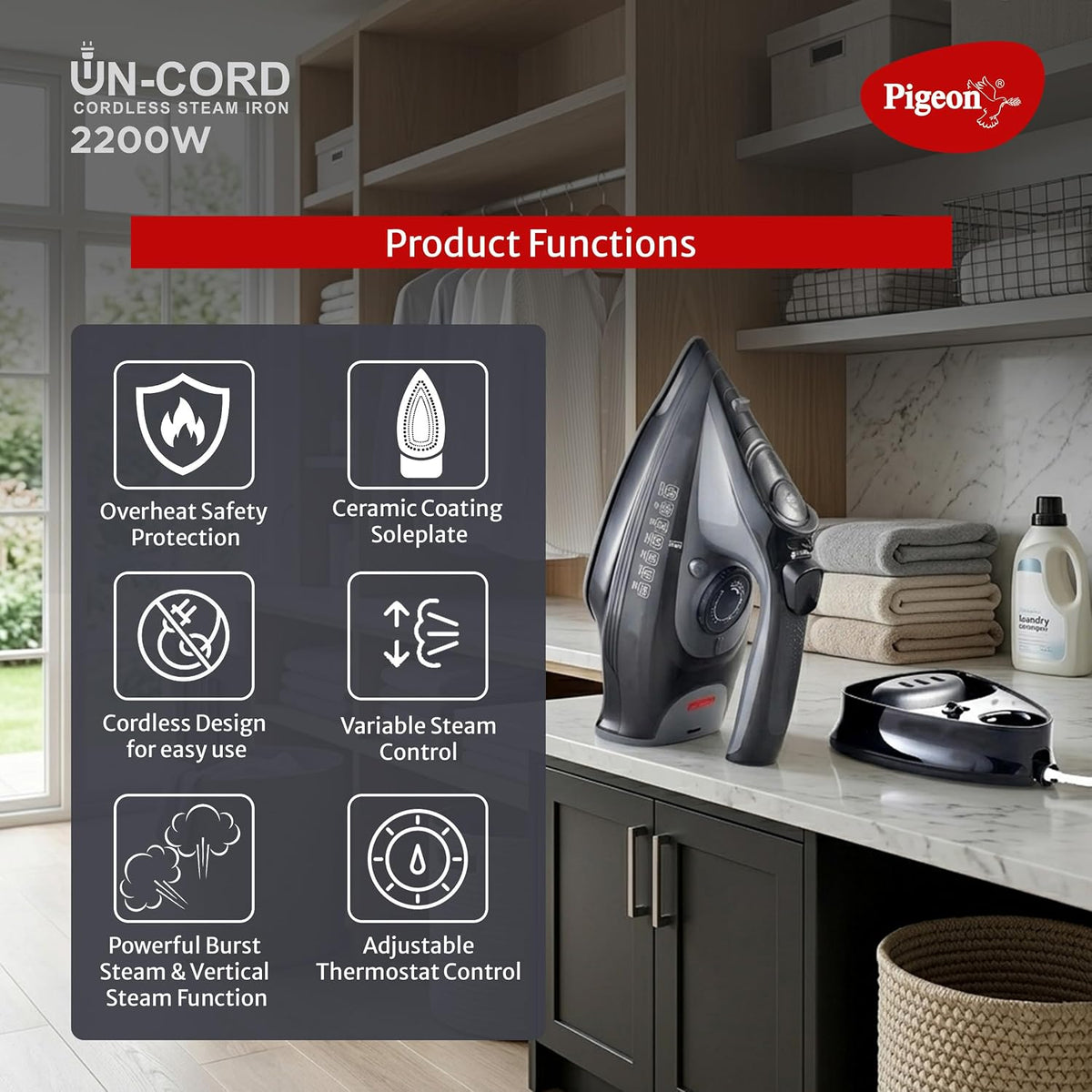 Pigeon un-cord cordless steam iron 2200 W