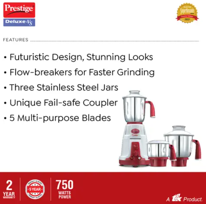 Prestige Delux- VS 750 W Mixer Grinder With 3 Jars(Red/ White)