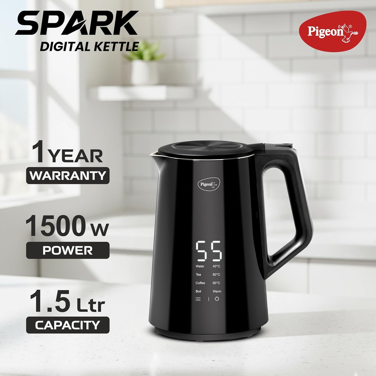 Spark Digital Kettle 1500 Watt, 1.5 L with Stainless Steel Body