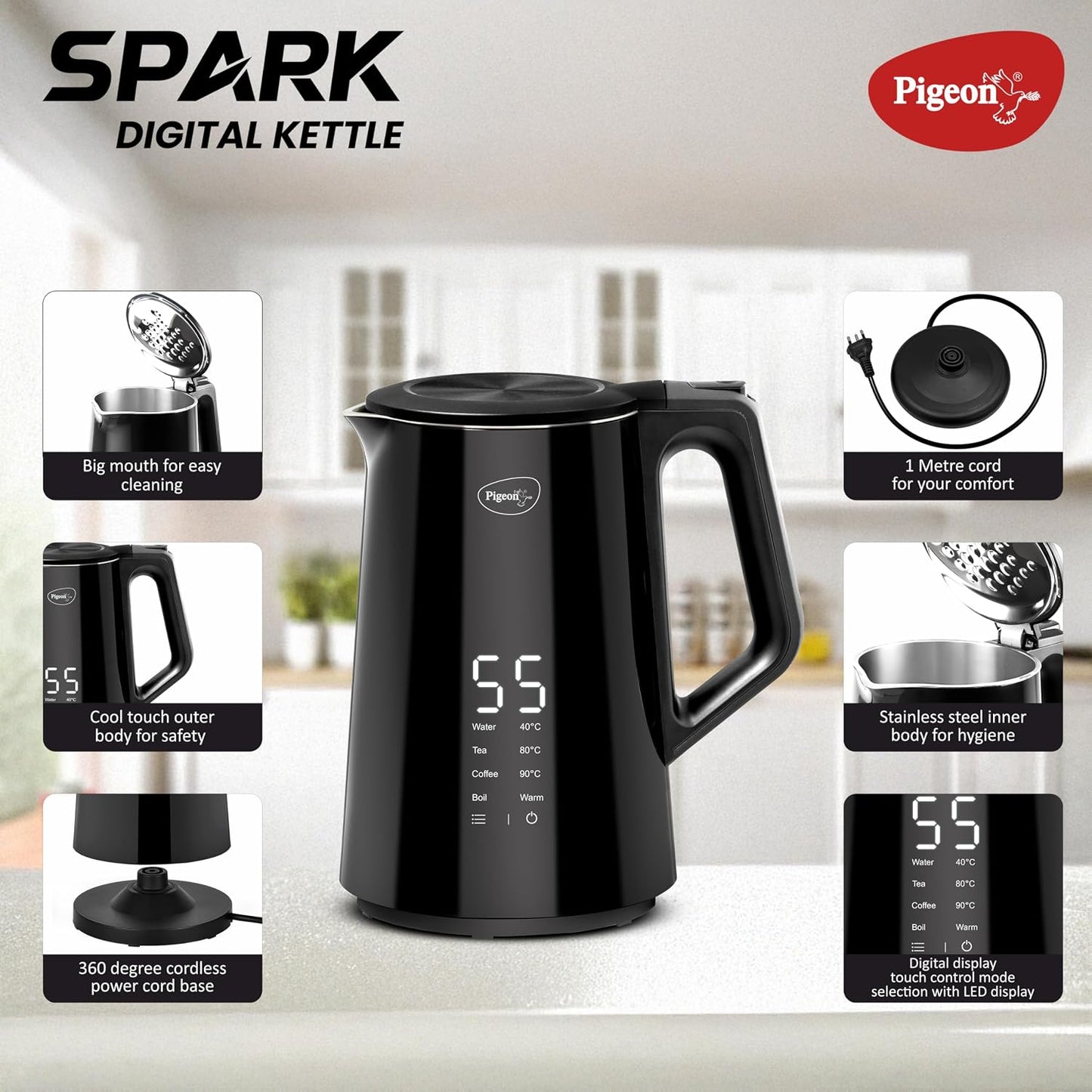 Spark Digital Kettle 1500 Watt, 1.5 L with Stainless Steel Body