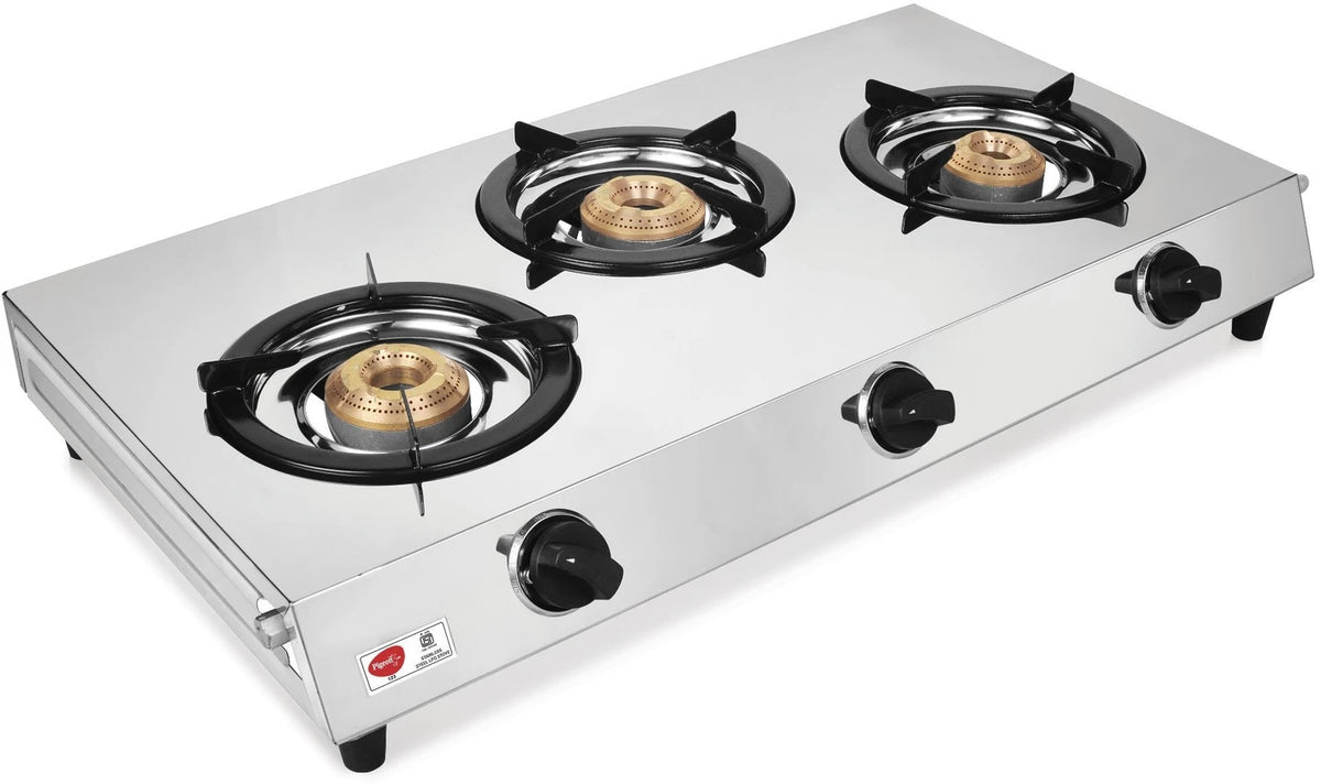 by Stovekraft Stainless Steel 123 Open LPG Gas Stove, (3 Burner, Silver, Manual Ignition)