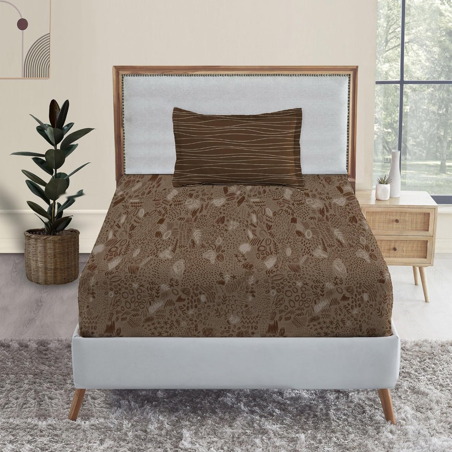 Trident Dusk & Down SKETCHOMANIA BROWN 144 TC Cotton Double Bed Bedsheet With 2 Pillow Covers