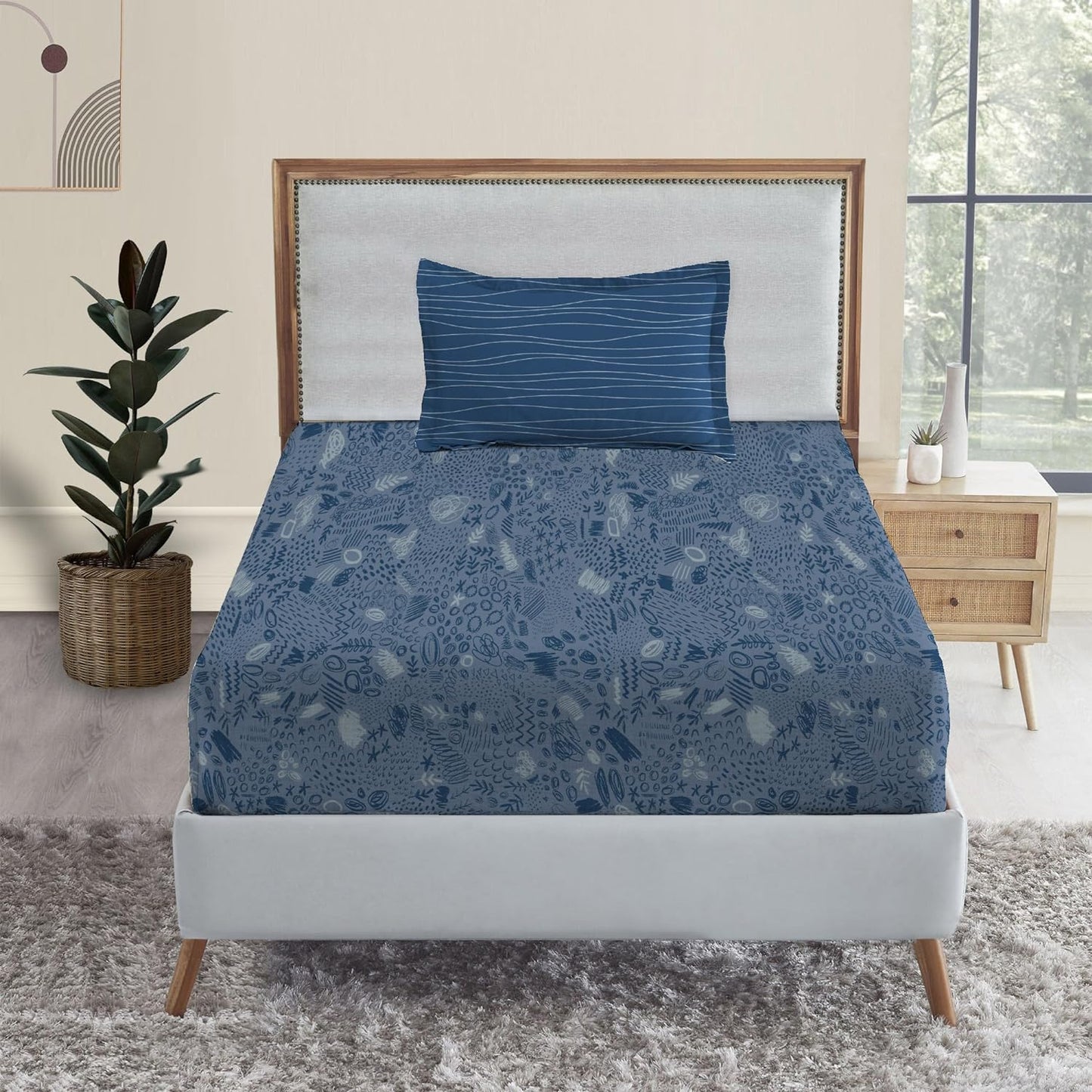 Trident Dusk & Down SKETCHOMANIA BLUE 144 TC Cotton Double Bed Bedsheet With 2 Pillow Covers