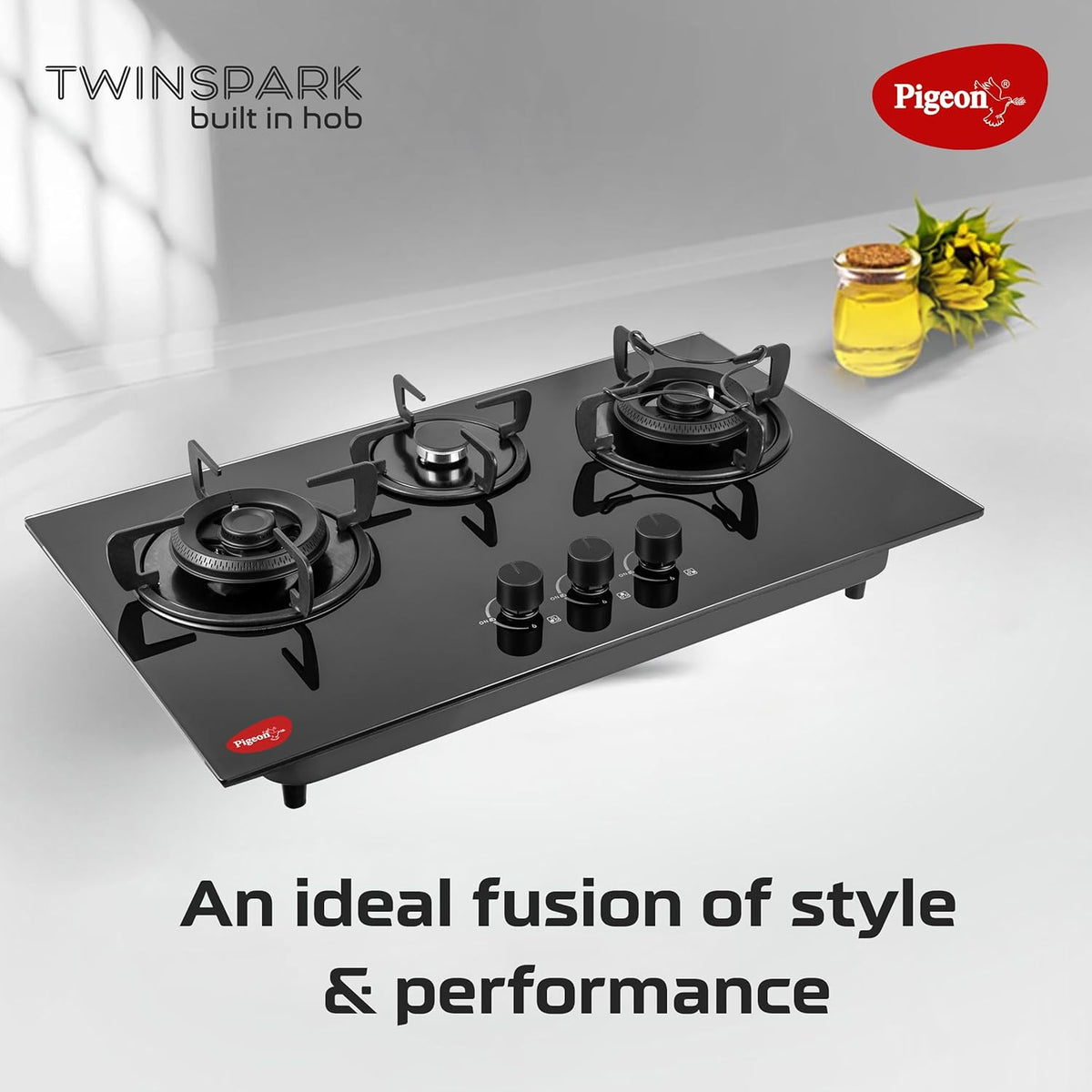 Pigeon Twinspark Hob 3 Burner Multi Spark Integrated Auto Ignition With Forged Burners, Scratch Resistant 6 mm Thick Toughened Glass Top For Easy Cleaning