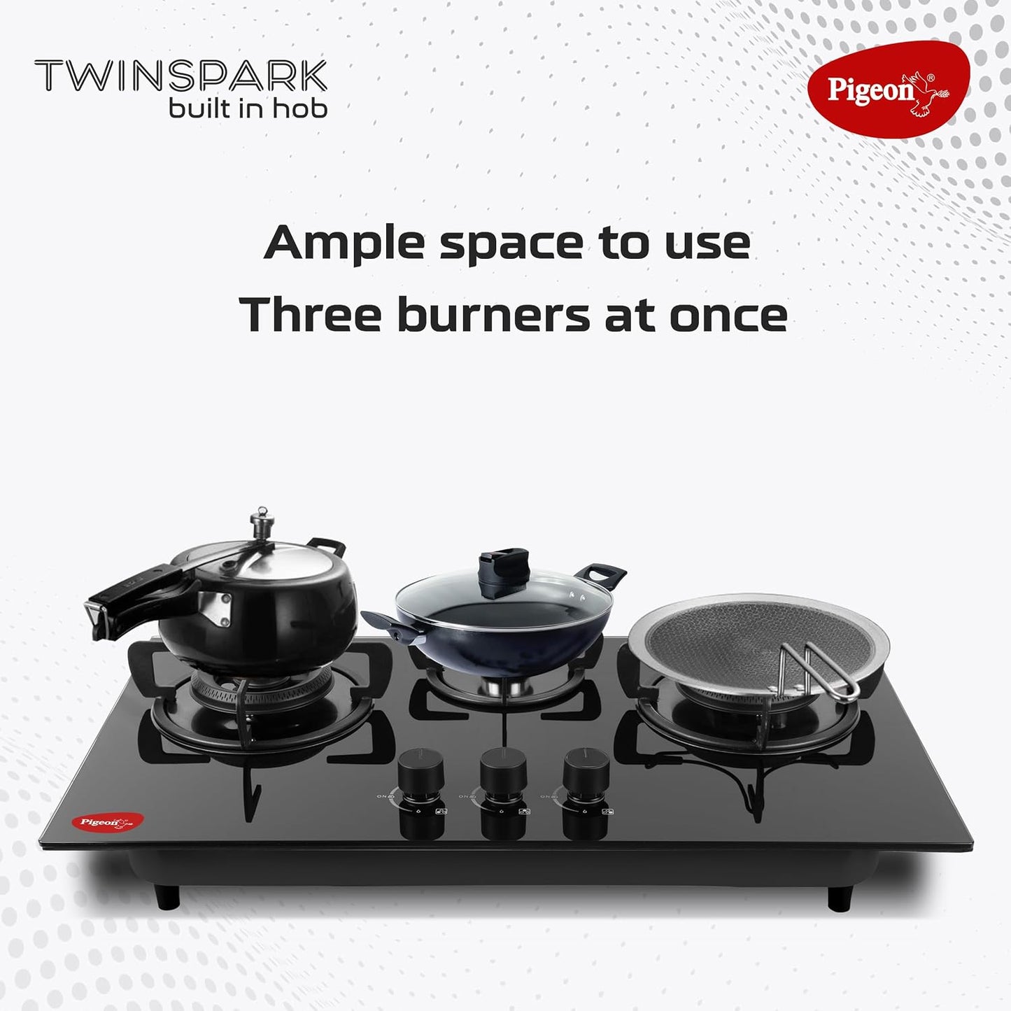 Pigeon Twinspark Hob 3 Burner Multi Spark Integrated Auto Ignition With Forged Burners, Scratch Resistant 6 mm Thick Toughened Glass Top For Easy Cleaning