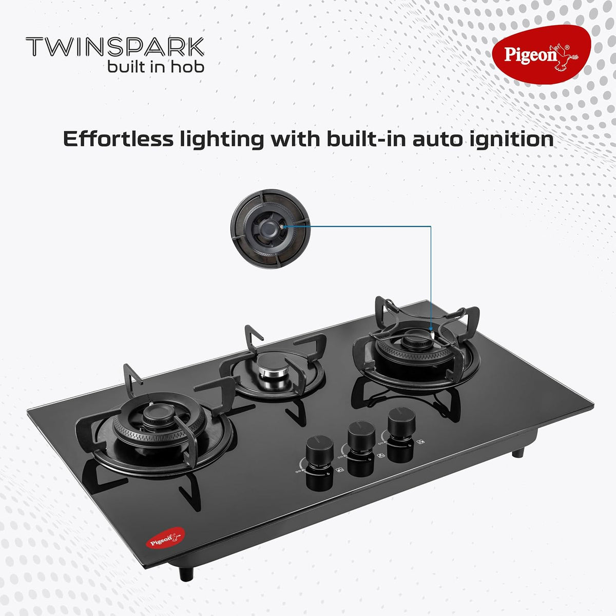 Pigeon Twinspark Hob 3 Burner Multi Spark Integrated Auto Ignition With Forged Burners, Scratch Resistant 6 mm Thick Toughened Glass Top For Easy Cleaning