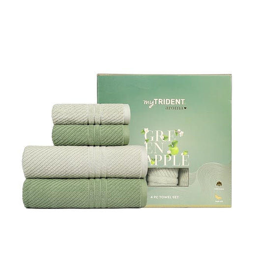 TRIDENT Towel Set, 100% Cotton, Set of 4 (2 Bath Towels & 2 Hand Towels) Highly Absorbent Towels for Bath, Fragrance Towels, 500 GSM, Aroma Towels Collection (Green Apple)