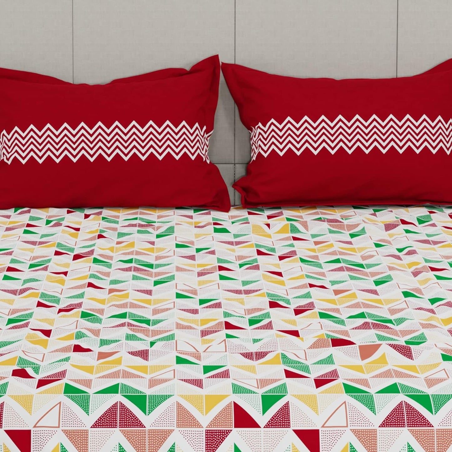 Trident Feather tales  TRIPPY TRIANGLE RED 144 TC Cotton Double Bed Bedsheet With 2 Pillow Covers