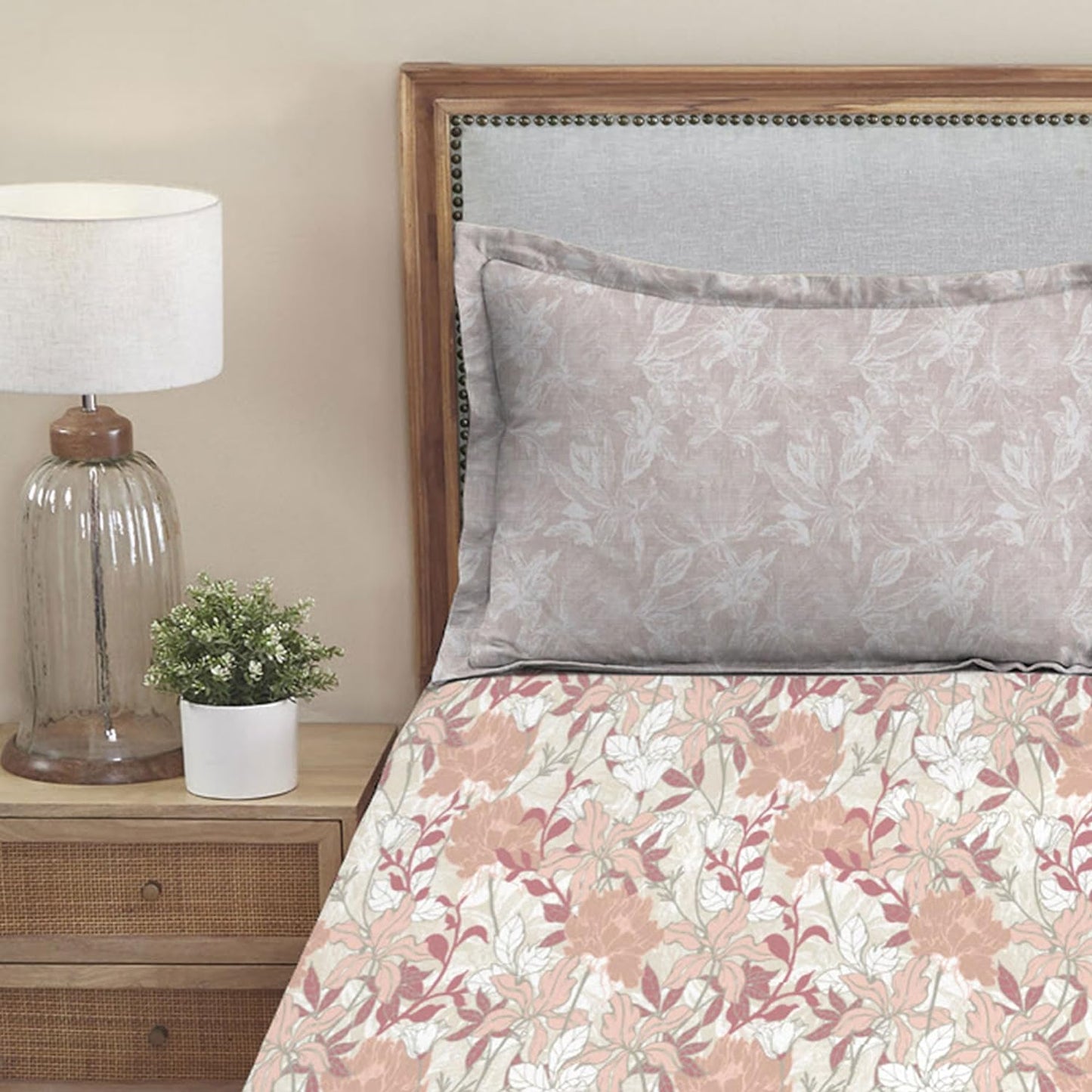 Trident Dusk & Down TUSCANY FLORAL PINK 144 TC Cotton Double Bed Bedsheet With 2 Pillow Covers
