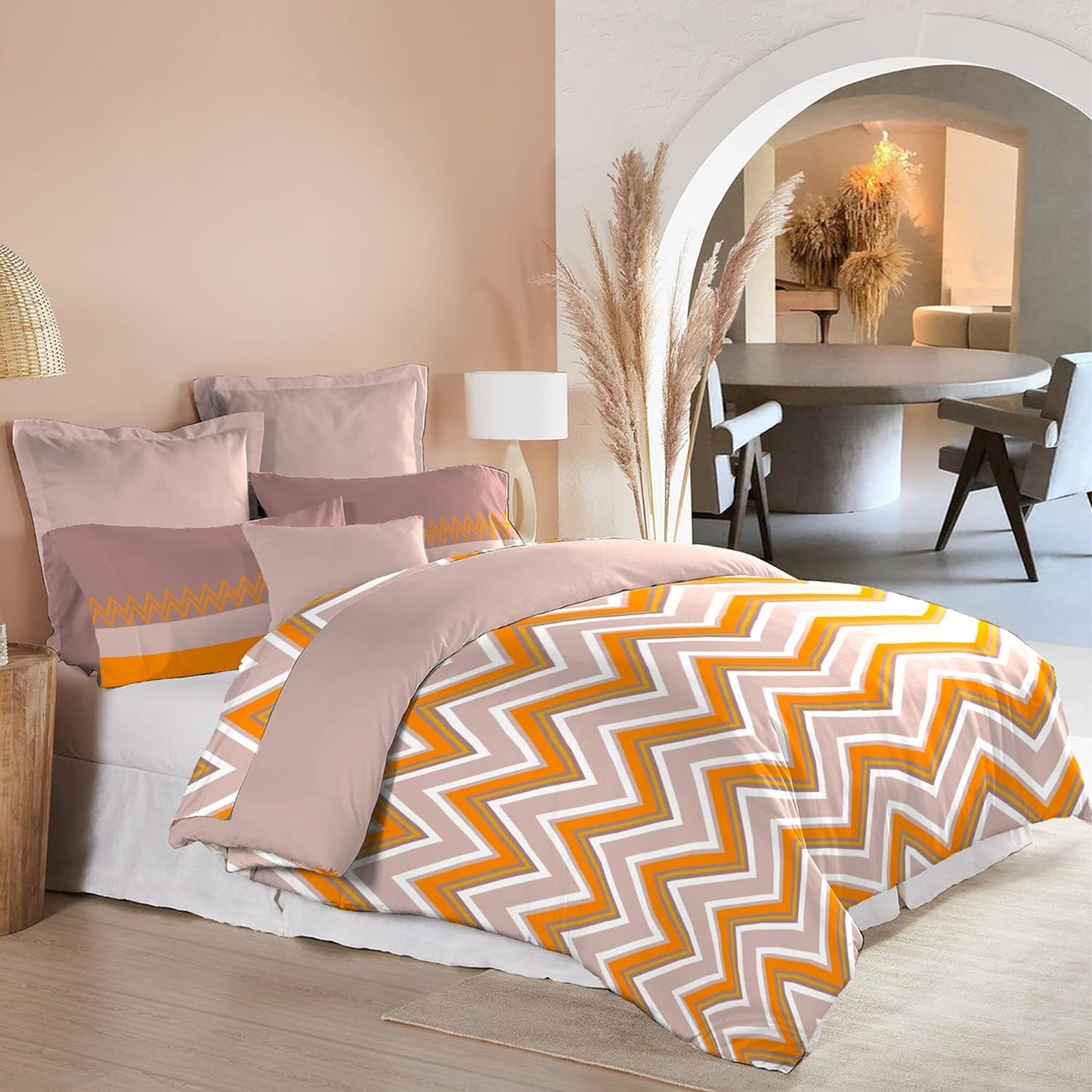 Trident Moments Zig Zag Orange 120 TC Cotton Double Bed Bedsheet With 2 Pillow Covers