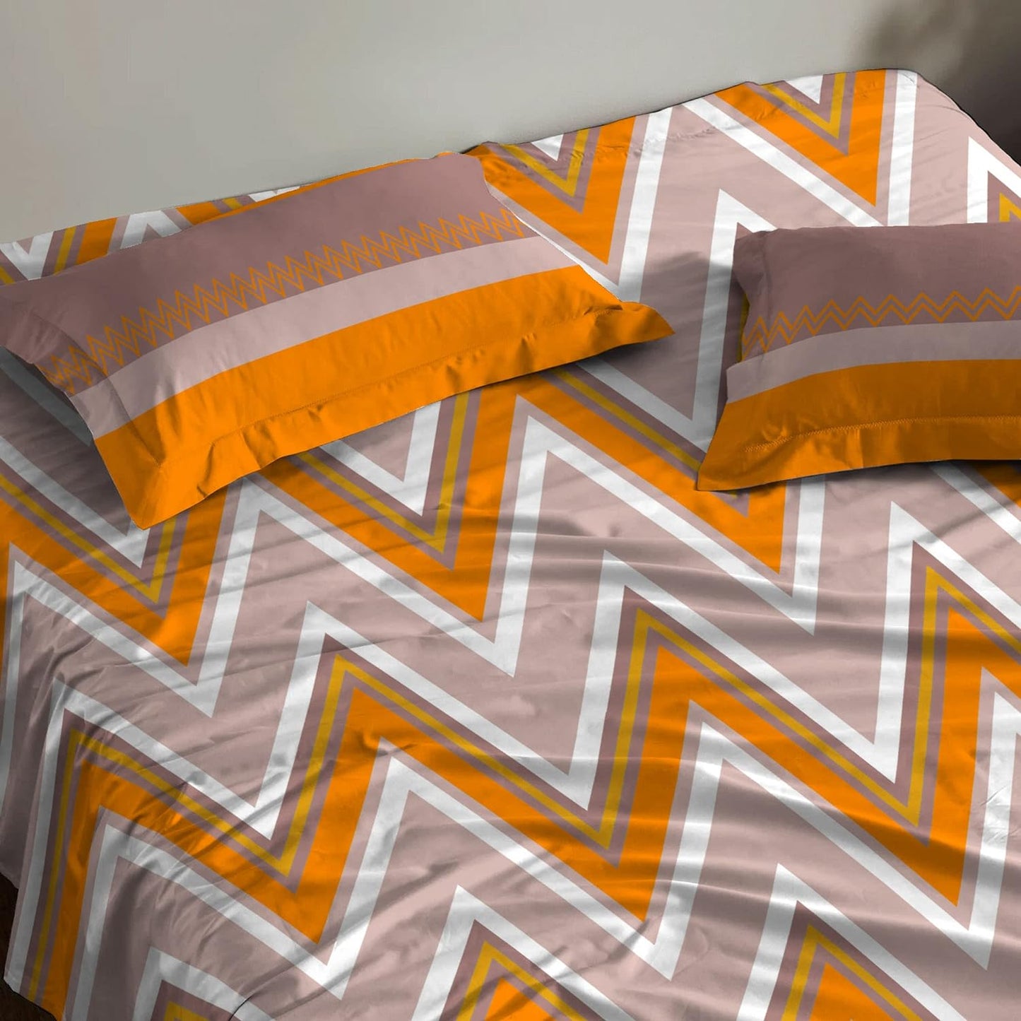 Trident Moments Zig Zag Orange 120 TC Cotton Double Bed Bedsheet With 2 Pillow Covers
