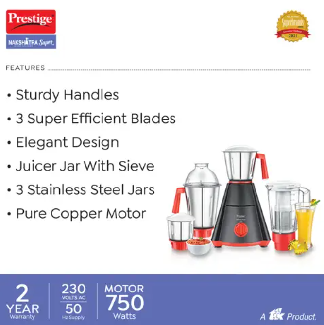 Prestige Nakshatra Super 750W Mixer Grinder With 4 Jars (Black/Red)