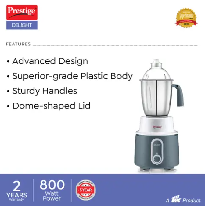 Prestige Delight 750W Mixer Grinder With 3 Jars ( Charcoal Grey)