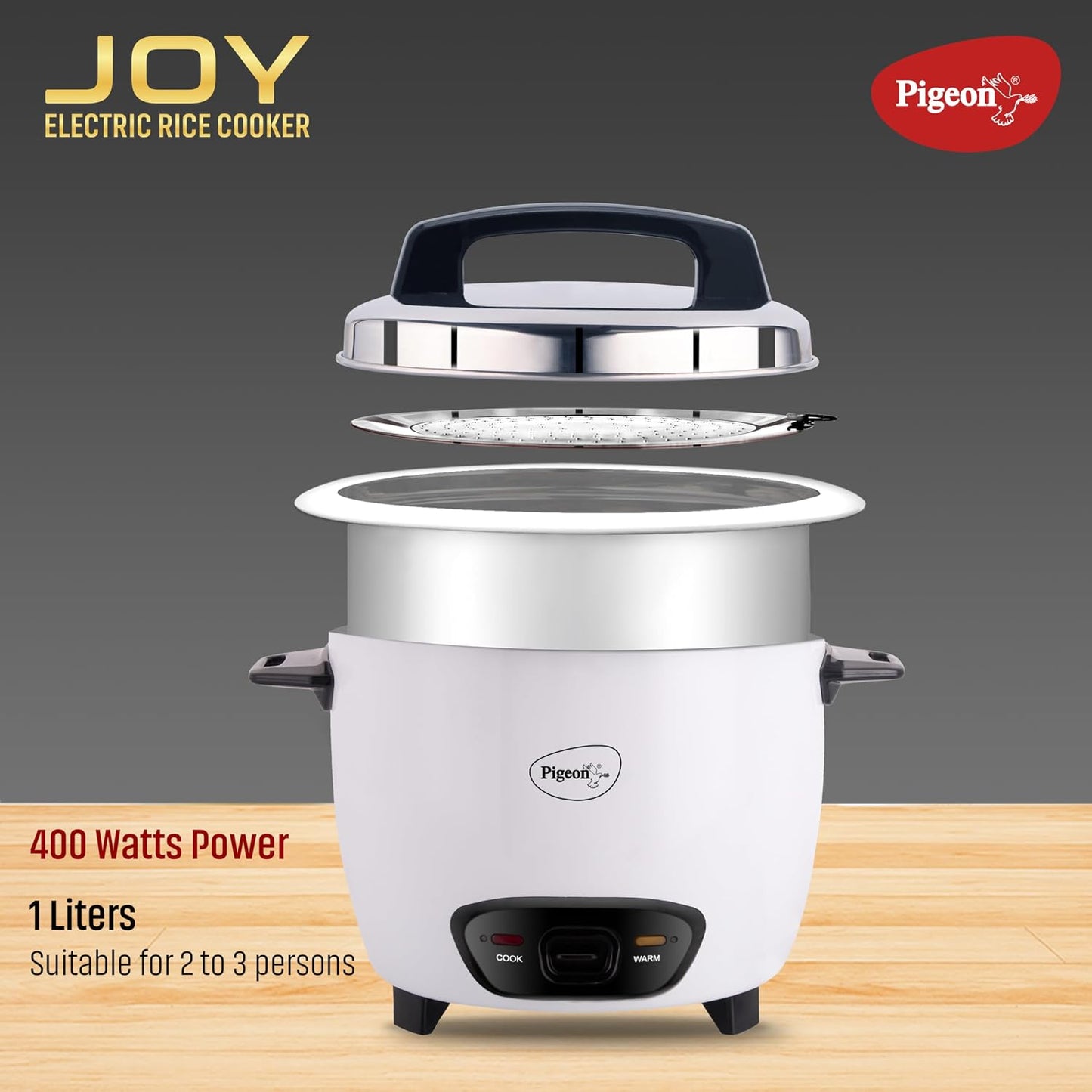 Joy Rice Cooker with Single pot, 1 litres. (White) | Toughened Glass Lid | 400 Watts | Aluminium Cooking Pot