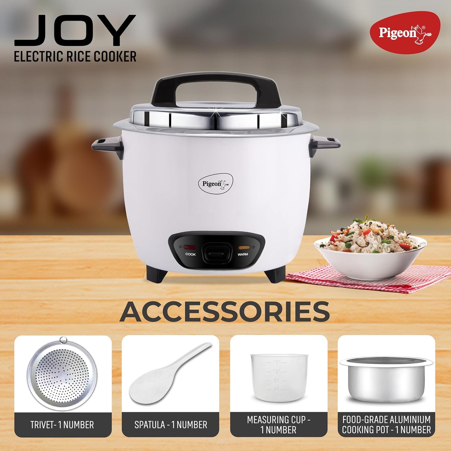 Joy Rice Cooker with Single pot, 1 litres. (White) | Toughened Glass Lid | 400 Watts | Aluminium Cooking Pot