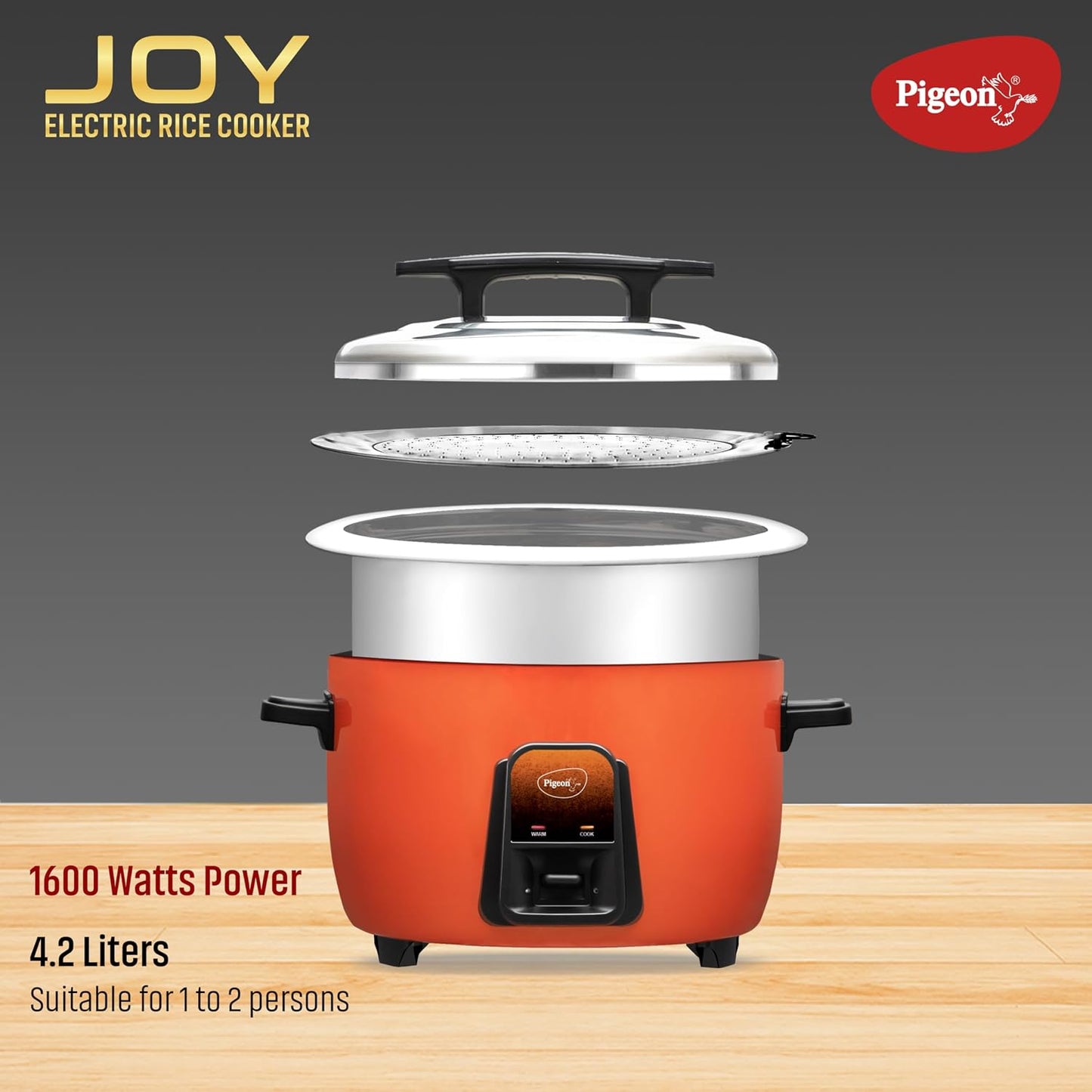 Joy Rice Cooker with Single pot, 4.2 litres. (Orange) | Stainless Steel Lid | 1600 Watts | 1 Aluminium Cooking Pots