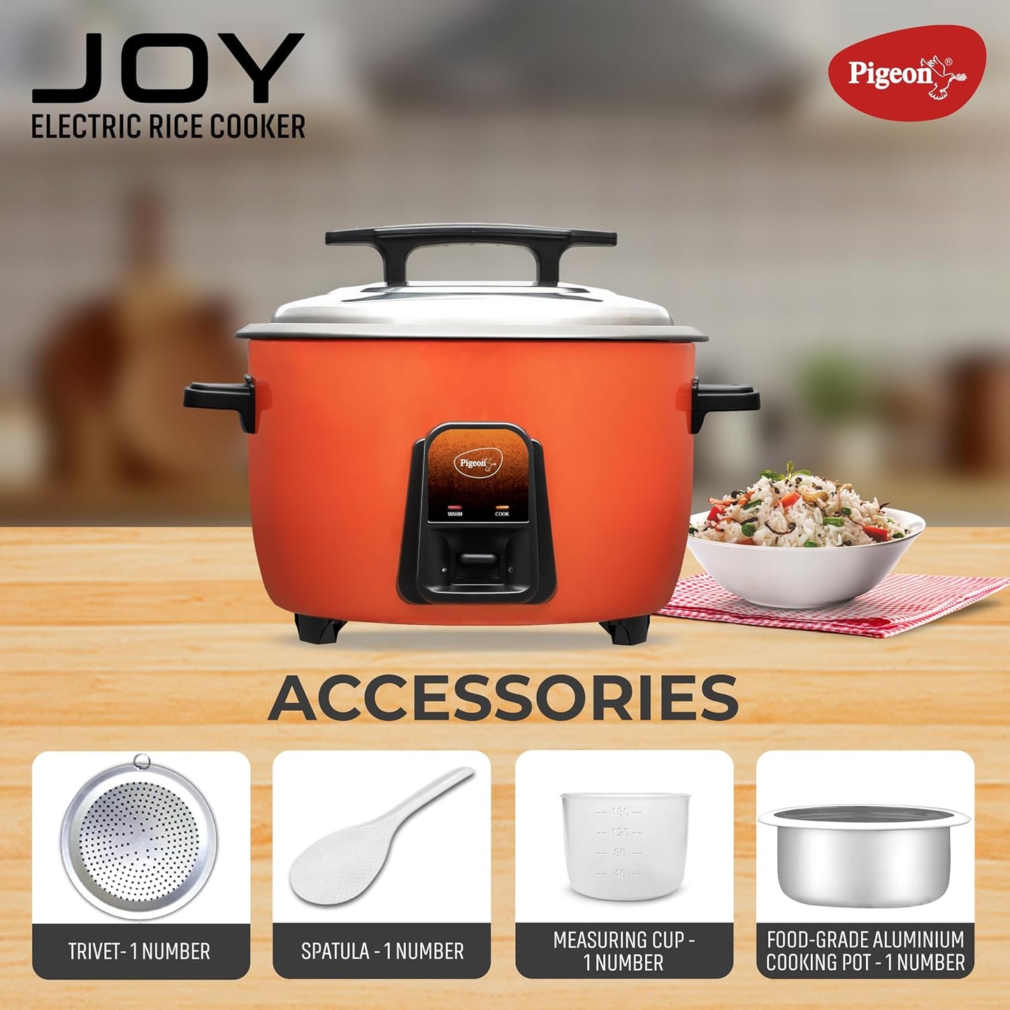 Joy Rice Cooker with Single pot, 4.2 litres. (Orange) | Stainless Steel Lid | 1600 Watts | 1 Aluminium Cooking Pots