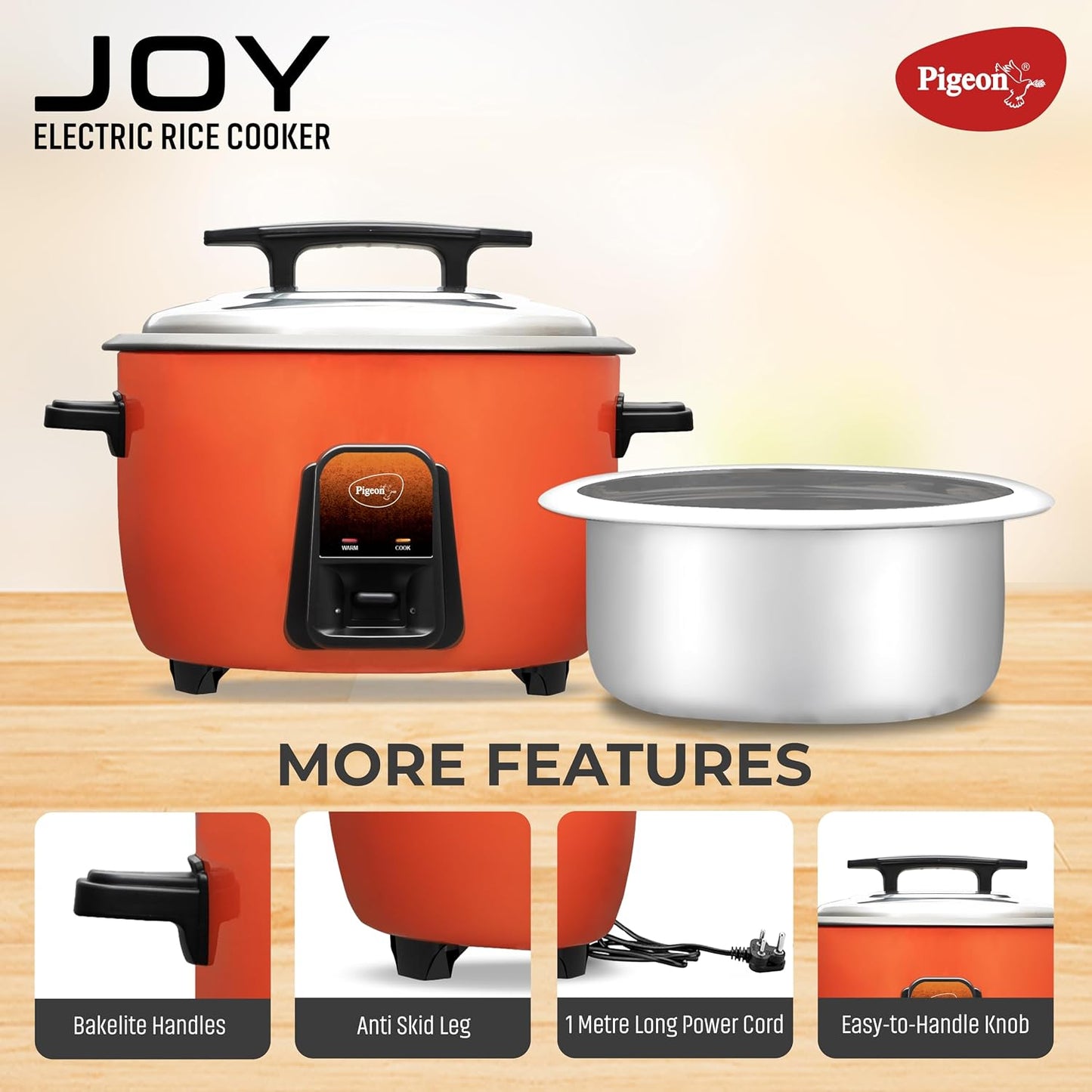 Joy Rice Cooker with Single pot, 4.2 litres. (Orange) | Stainless Steel Lid | 1600 Watts | 1 Aluminium Cooking Pots