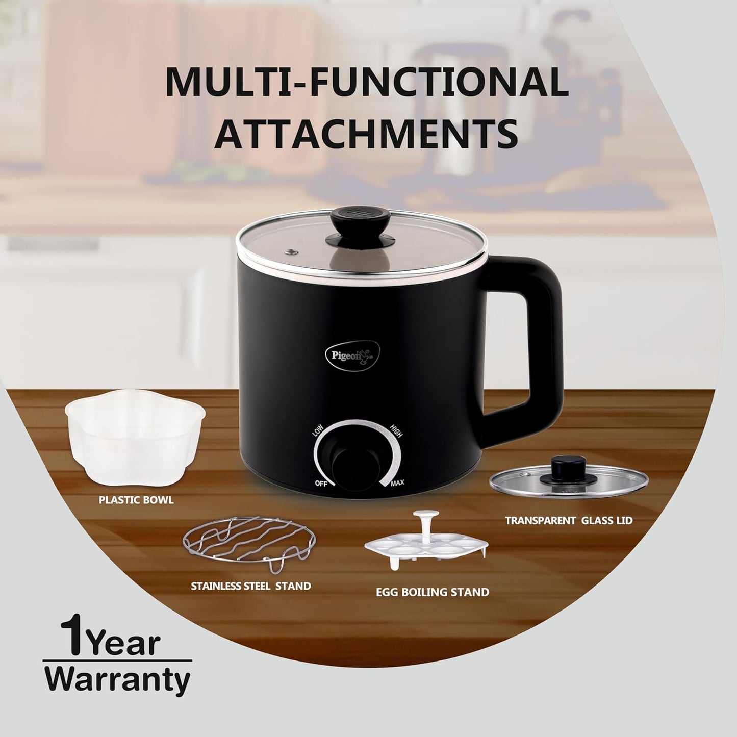 Swift Multi-Cook Kettle 1.5L, Egg Rack - Black | Double Layered | Food Grade Stainless Steel Inner Wall | Glass Lid | Auto Shut-Off, 600 Watts
