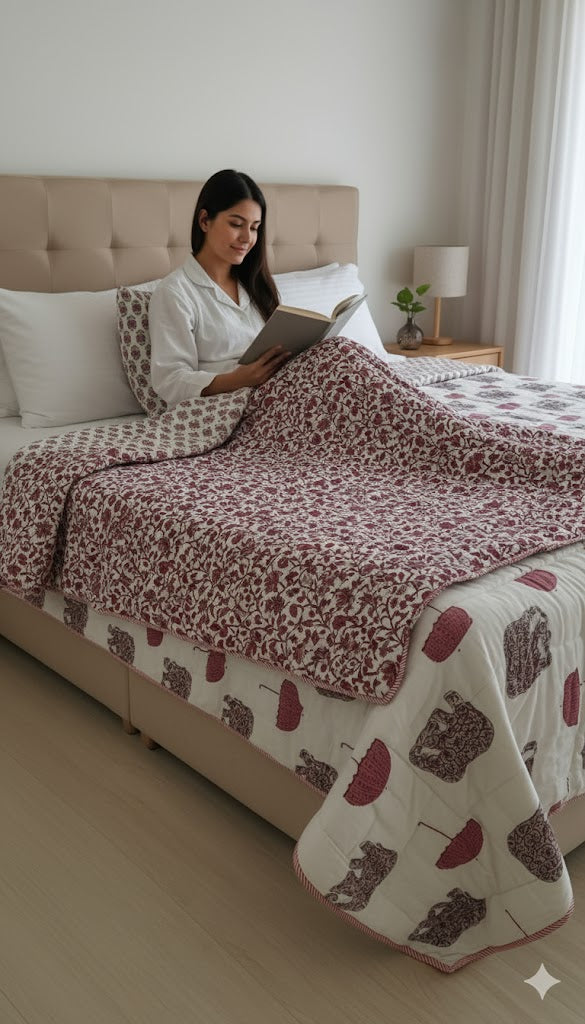 200 TC Pure Cotton Reversible Traditional Jaipuri Design Printed Light Weight Double Bed Quilt/Razai/Rajai - [Double Bed- 2.2X 2.4Meter] (Design 19)| TC - 200,Multicolor