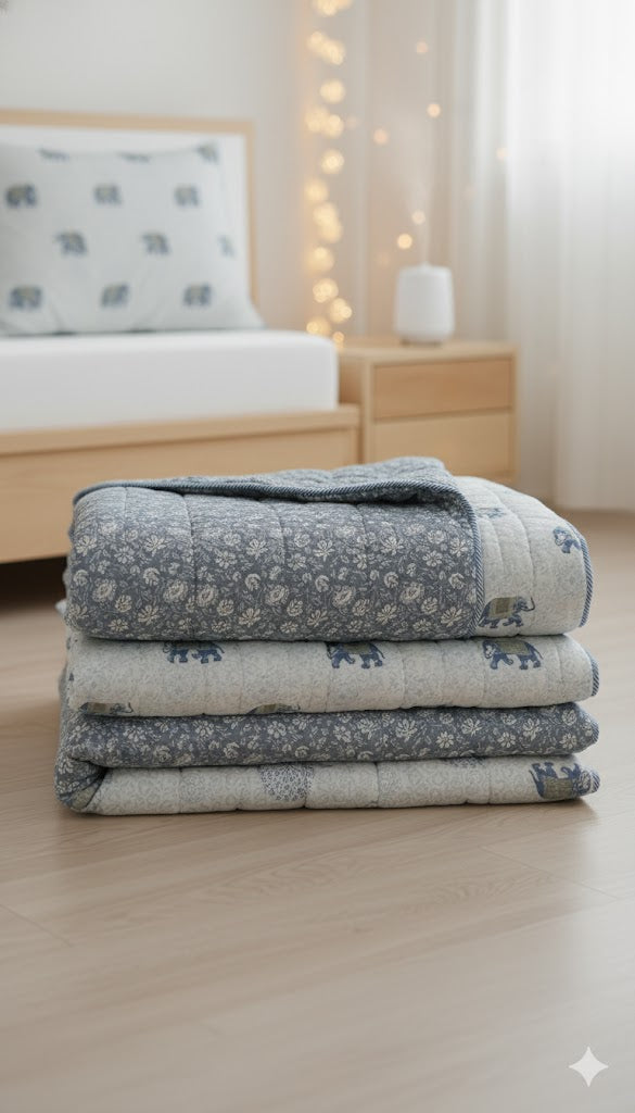 200 TC Pure Cotton Reversible Traditional Jaipuri Design Printed Light Weight Double Bed Quilt/Razai/Rajai - [Double Bed- 2.2X 2.4Meter] (Design 9)| TC - 200,Multicolor