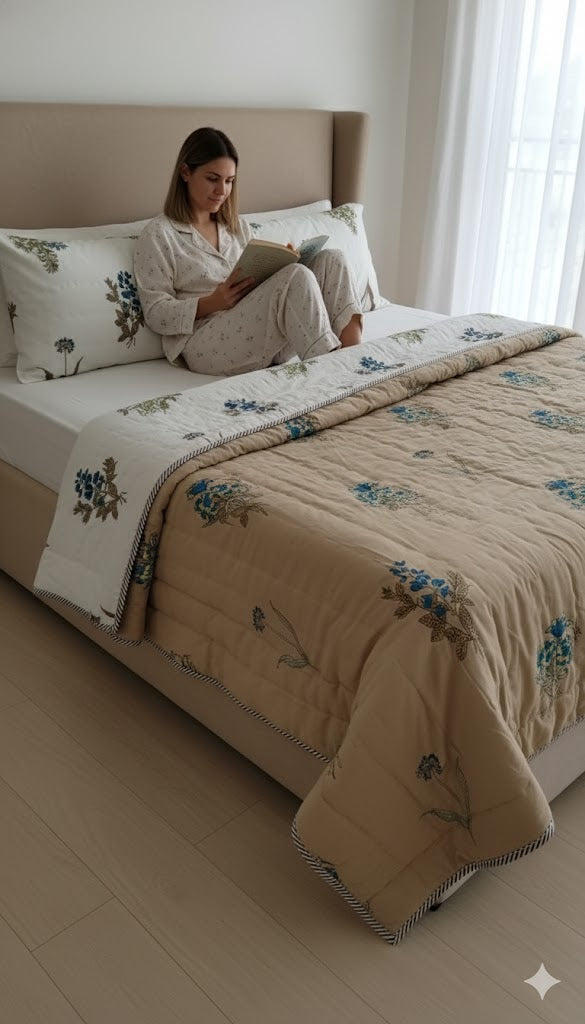 200 TC Pure Cotton Reversible Traditional Jaipuri Design Printed Light Weight Double Bed Quilt/Razai/Rajai - [Double Bed- 2.2X 2.4Meter] (Design 17)| TC - 200,Multicolor