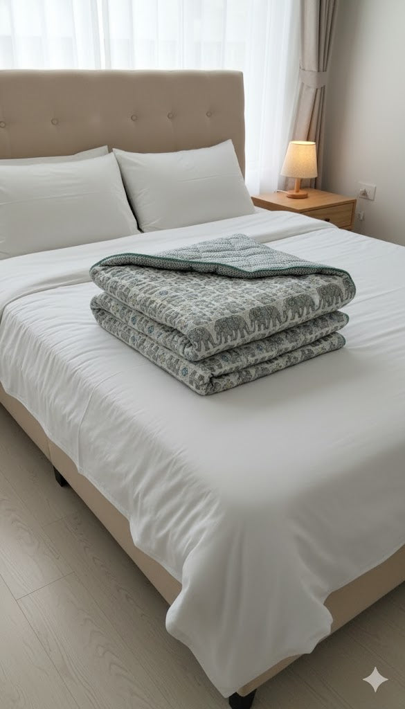 200 TC Pure Cotton Reversible Traditional Jaipuri Design Printed Light Weight Double Bed Quilt/Razai/Rajai - [Double Bed- 2.2X 2.4Meter] (Design 18)| TC - 200,Multicolor