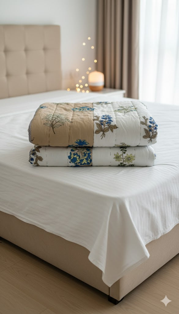 200 TC Pure Cotton Reversible Traditional Jaipuri Design Printed Light Weight Double Bed Quilt/Razai/Rajai - [Double Bed- 2.2X 2.4Meter] (Design 17)| TC - 200,Multicolor