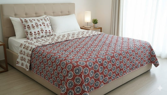 200 TC Pure Cotton Reversible Traditional Jaipuri Design Printed Light Weight Double Bed Quilt/Razai/Rajai - [Double Bed- 2.2X 2.4Meter] (Design 21)| TC - 200,Multicolor