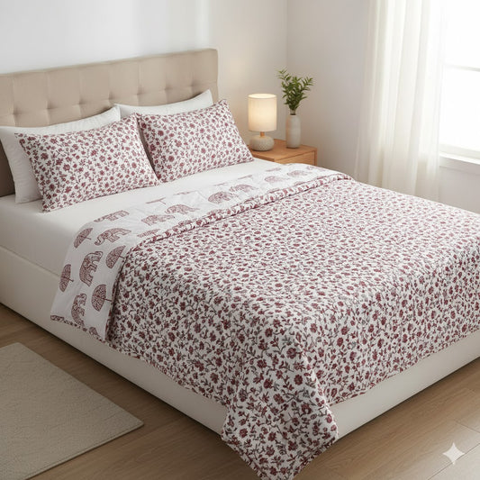 200 TC Pure Cotton Reversible Traditional Jaipuri Design Printed Light Weight Double Bed Quilt/Razai/Rajai - [Double Bed- 2.2X 2.4Meter] (Design 19)| TC - 200,Multicolor