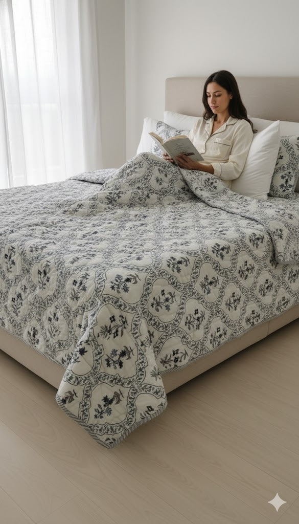 200 TC Pure Cotton Reversible Traditional Jaipuri Design Printed Light Weight Double Bed Quilt/Razai/Rajai - [Double Bed- 2.2X 2.4Meter] (Design 15)| TC - 200,Multicolor