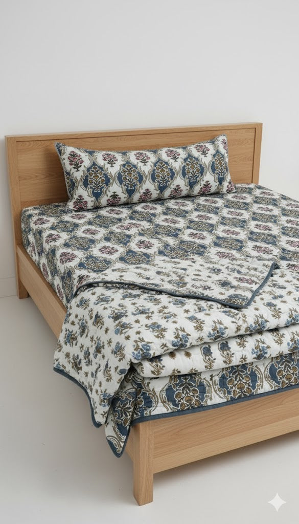 200 TC Pure Cotton Reversible Traditional Jaipuri Design Printed Light Weight Double Bed Quilt/Razai/Rajai - [Double Bed- 2.2X 2.4Meter] (Design 7)| TC - 200,Multicolor