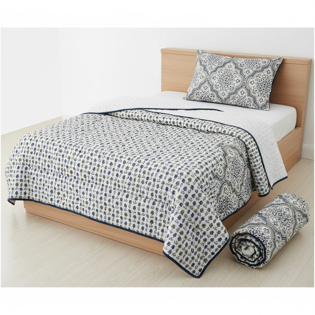 200 TC Pure Cotton Reversible Traditional Jaipuri Design Printed Light Weight Double Bed Quilt/Razai/Rajai - [Double Bed- 2.2X 2.4Meter] (Design 10)| TC - 200,Multicolor