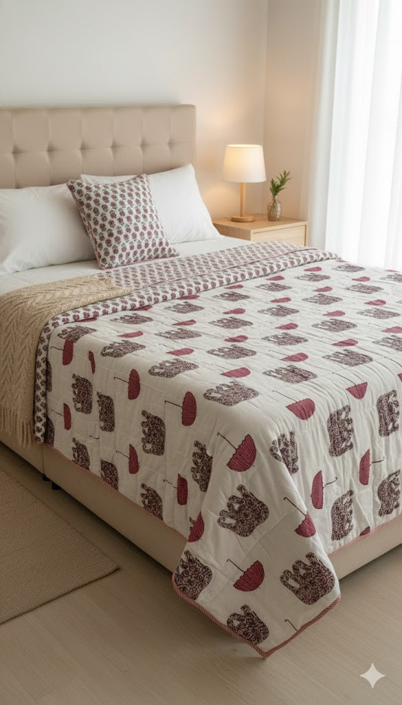 200 TC Pure Cotton Reversible Traditional Jaipuri Design Printed Light Weight Double Bed Quilt/Razai/Rajai - [Double Bed- 2.2X 2.4Meter] (Design 19)| TC - 200,Multicolor