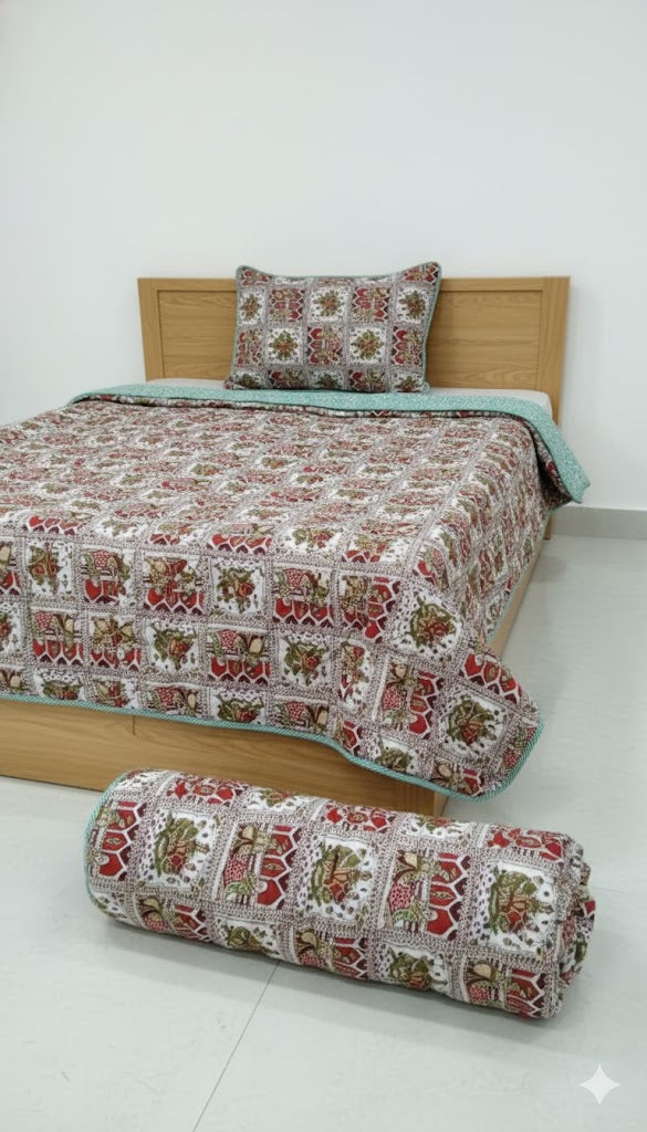 200 TC Pure Cotton Reversible Traditional Jaipuri Design Printed Light Weight Double Bed Quilt/Razai/Rajai - [Double Bed- 2.2X 2.4Meter] (Design 11)| TC - 200,Multicolor