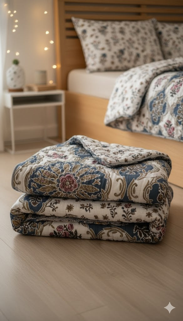 200 TC Pure Cotton Reversible Traditional Jaipuri Design Printed Light Weight Double Bed Quilt/Razai/Rajai - [Double Bed- 2.2X 2.4Meter] (Design 7)| TC - 200,Multicolor
