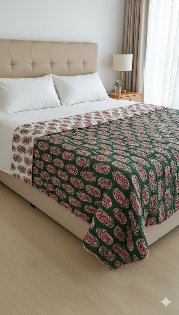 200 TC Pure Cotton Reversible Traditional Jaipuri Design Printed Light Weight Double Bed Quilt/Razai/Rajai - [Double Bed- 2.2X 2.4Meter] (Design 23)| TC - 200,Multicolor