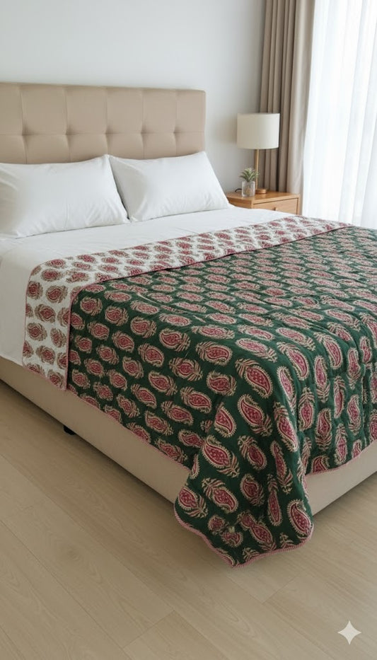 200 TC Pure Cotton Reversible Traditional Jaipuri Design Printed Light Weight Double Bed Quilt/Razai/Rajai - [Double Bed- 2.2X 2.4Meter] (Design 23)| TC - 200,Multicolor