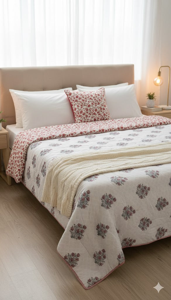 200 TC Pure Cotton Reversible Traditional Jaipuri Design Printed Light Weight Double Bed Quilt/Razai/Rajai - [Double Bed- 2.2X 2.4Meter] (Design 22)| TC - 200,Multicolor