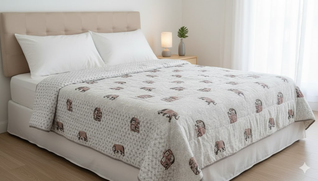 200 TC Pure Cotton Reversible Traditional Jaipuri Design Printed Light Weight Double Bed Quilt/Razai/Rajai - [Double Bed- 2.2X 2.4Meter] (Design 20)| TC - 200,Multicolor