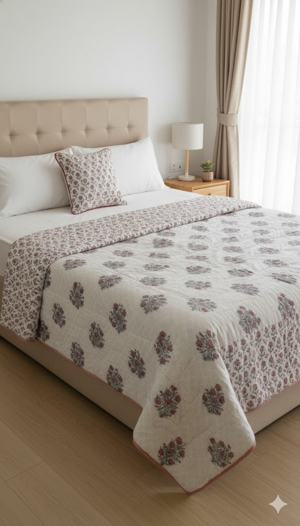 200 TC Pure Cotton Reversible Traditional Jaipuri Design Printed Light Weight Double Bed Quilt/Razai/Rajai - [Double Bed- 2.2X 2.4Meter] (Design 22)| TC - 200,Multicolor