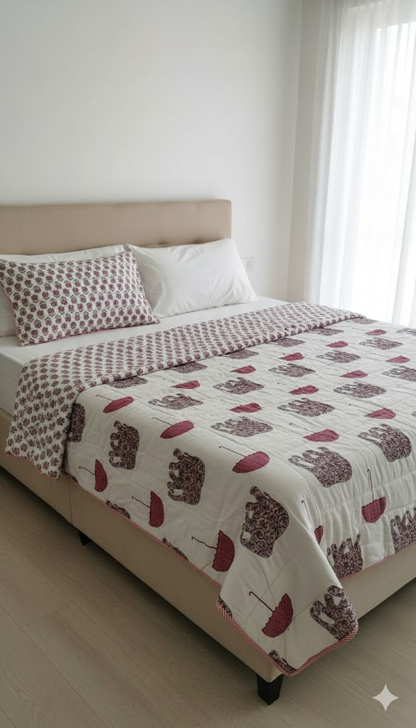 200 TC Pure Cotton Reversible Traditional Jaipuri Design Printed Light Weight Double Bed Quilt/Razai/Rajai - [Double Bed- 2.2X 2.4Meter] (Design 19)| TC - 200,Multicolor