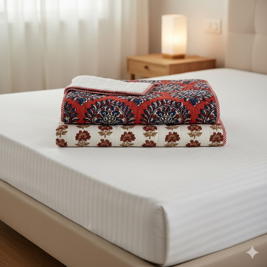 200 TC Pure Cotton Reversible Traditional Jaipuri Design Printed Light Weight Double Bed Quilt/Razai/Rajai - [Double Bed- 2.2X 2.4Meter] (Design 21)| TC - 200,Multicolor