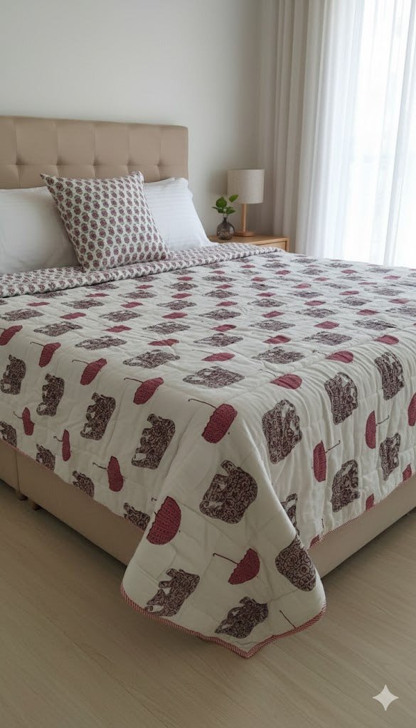 200 TC Pure Cotton Reversible Traditional Jaipuri Design Printed Light Weight Double Bed Quilt/Razai/Rajai - [Double Bed- 2.2X 2.4Meter] (Design 19)| TC - 200,Multicolor