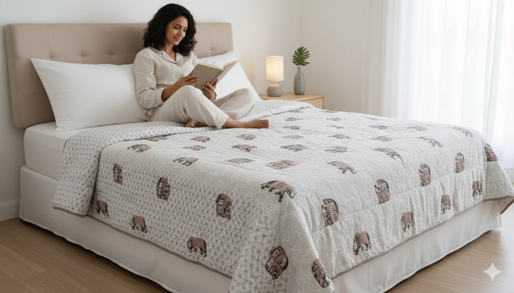 200 TC Pure Cotton Reversible Traditional Jaipuri Design Printed Light Weight Double Bed Quilt/Razai/Rajai - [Double Bed- 2.2X 2.4Meter] (Design 20)| TC - 200,Multicolor